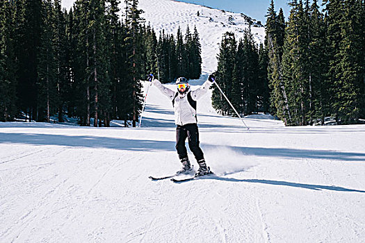 滑雪,美女,天空,手臂,拿,室外