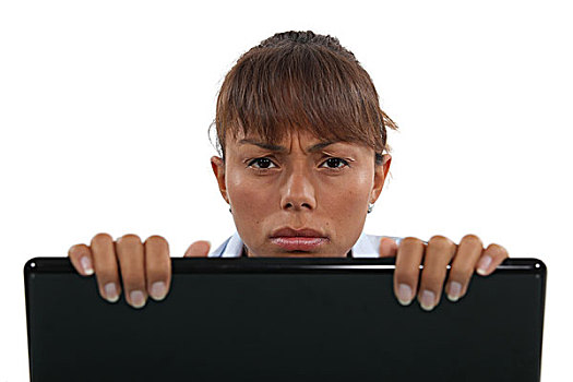 生气,职业女性,凝视,上方,笔记本电脑