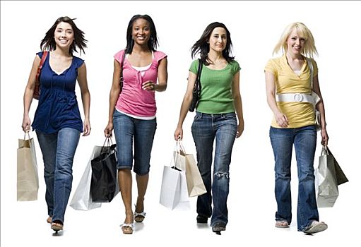 四个女人,走,微笑,购物袋