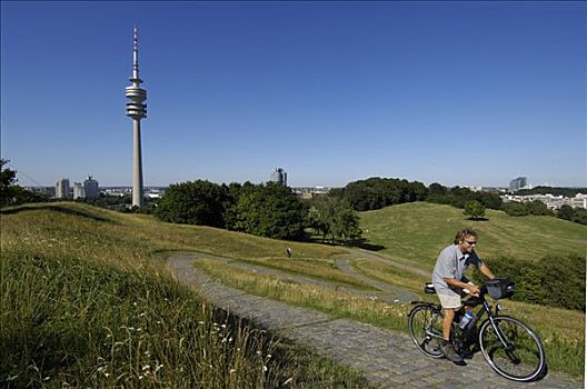 骑车,自行车,旅游,奥林匹克塔,慕尼黑,巴伐利亚,德国,欧洲