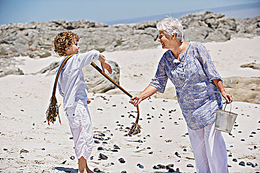 老年,女人,孙子,收集,壳,海滩