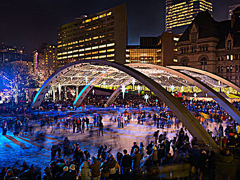多伦多,市政厅,滑冰场,夜晚,圣诞季节