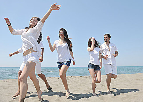 群体,高兴,年轻人,圆,海滩,开心