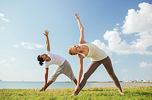 健身,运动,友谊,生活,概念,微笑,情侣,制作,瑜伽练习,户外