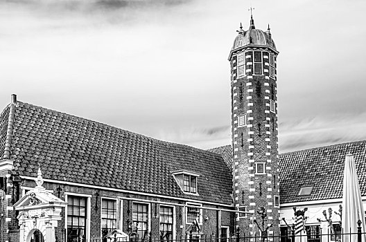 黑白,插画,建筑,阿克马镇,荷兰