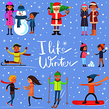 冬天,海报,运动,人,享受,雪,蓝色背景,矢量,插画,冬季运动,制作,雪人,雪球,喝咖啡,教育,滑雪,滑冰,滑雪板,高兴