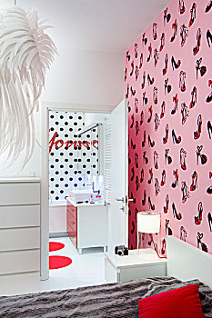 床,墙壁,粉色,壁纸,风景,浴室,黑色,圆点花纹