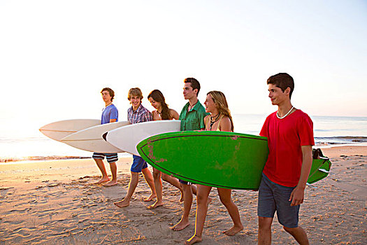 冲浪,青少年,女孩,海滩,阳光,日落