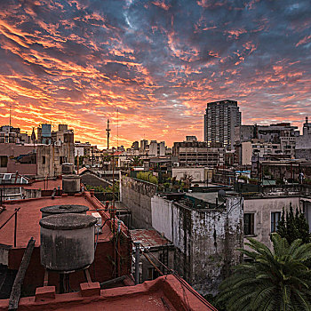屋顶,城市,生动,日落,天空,圣太摩,布宜诺斯艾利斯,阿根廷