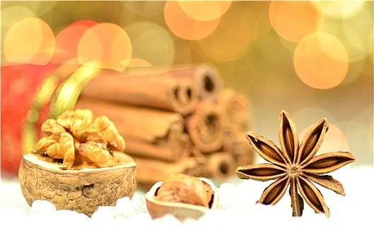 圣诞季节,肉桂棒,大料,星,坚果,背景
