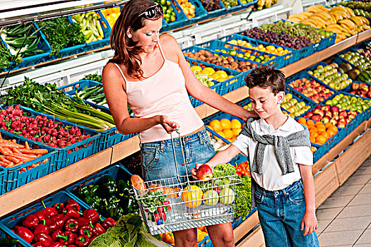 杂货店,购物,母子,买,水果,超市