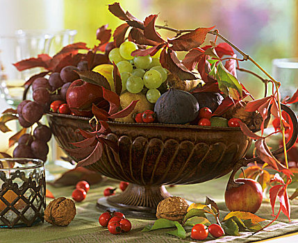 秋天,果盘,无花果,葡萄,坚果