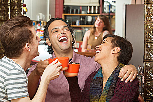 高兴,群体,咖啡杯,笑