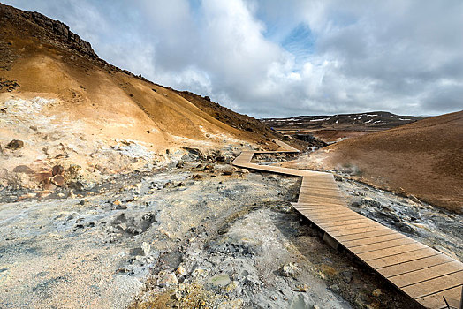 木板路,上方,蒸汽,地面,矿物质,沉积,地热,区域,火山,保护区,冰岛,欧洲