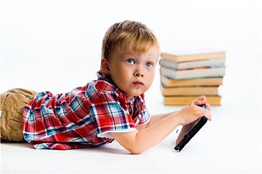 小,男孩,平板电脑,书本