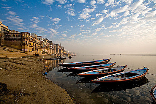 泊船,河,排列,户外,城市,瓦腊纳西,印度