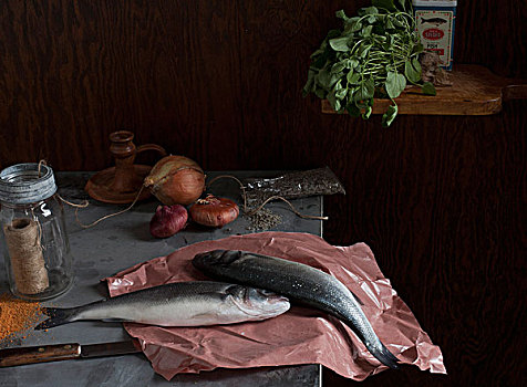 静物,鲑鱼,厨房操作台