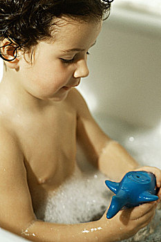 小男孩,泡沫浴,玩具