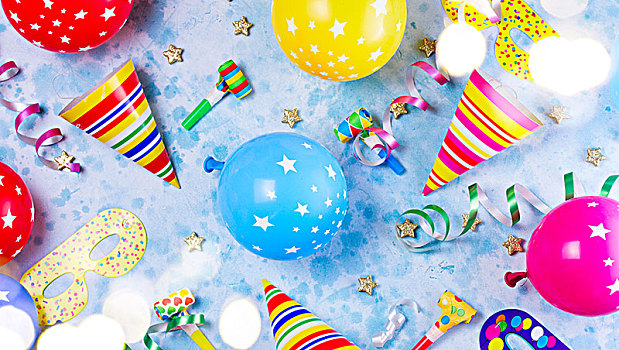 鲜明,彩色,节庆,聚会,场景,图案,气球,彩带,五彩纸屑,蓝色背景,桌子,风格,生日,贺卡