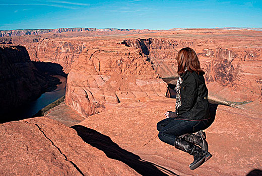 坐,女人,石头,看,风景,马掌,弯曲,幽谷国家娱乐区,美国