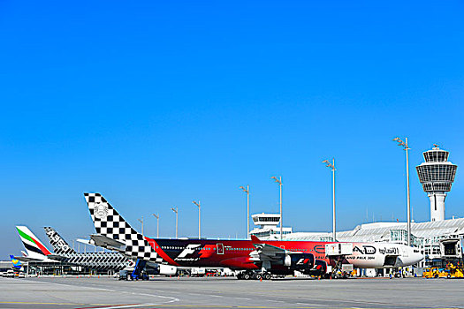 空中客车,a340,a380,1号航站楼,塔,慕尼黑,机场,弗赖辛,地区,巴伐利亚,德国,欧洲