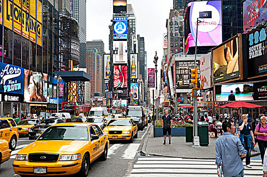 城市,高层建筑,鲜明,霓虹,标识,黄色,出租车,交叉,百老汇,第7大道,时代广场,市中心,曼哈顿,纽约,美国,北美