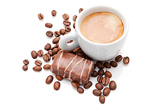 小,意式特浓咖啡杯,巧克力,咖啡豆,隔绝,白色背景