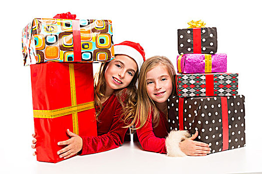 圣诞节,圣诞老人,儿童,女孩,许多,礼物,一堆,隔绝,白色背景