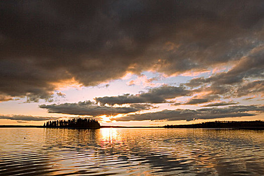 日落,上方,湖,麋鹿,岛屿,国家公园,艾伯塔省,加拿大