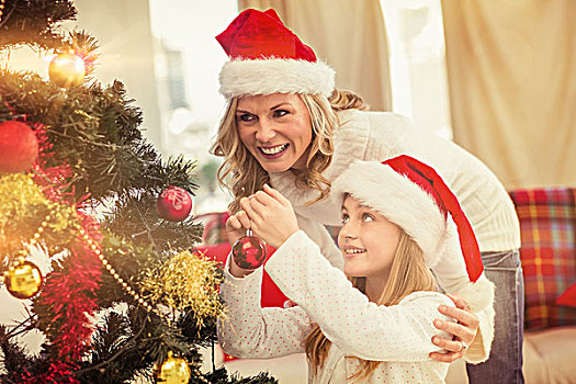 喜庆,母女,装饰,圣诞树,在家,客厅