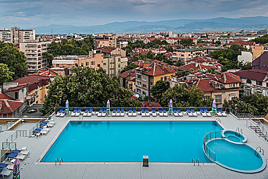 保加利亚,南方,山,普罗夫迪夫,游泳池,俯视图