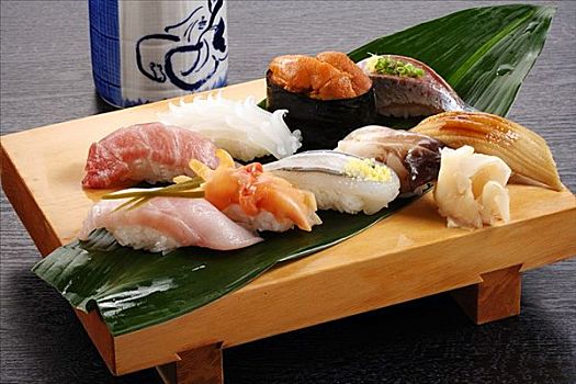 种类,握寿司,日本,木质,餐盘