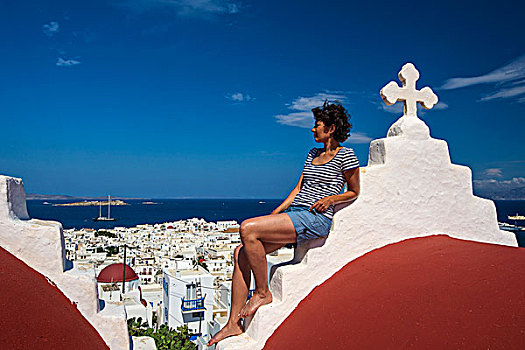 坐,女人,小教堂,米克诺斯岛,基克拉迪群岛,希腊