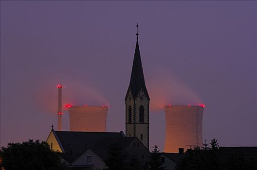 核电站,后面,教堂,尖顶,巴伐利亚,德国,欧洲