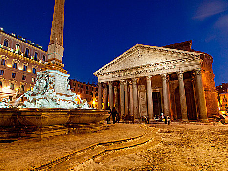 万神殿,喷泉,广场,下雪,欧洲,意大利,拉齐奥,罗马省,罗马