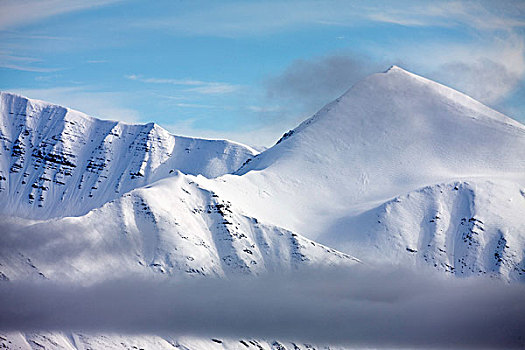 挪威,斯瓦尔巴特群岛,斯匹次卑尔根岛,岛屿,夏天,暴风雪,高处,山峰,北方,陆地