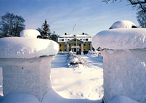 瑞典,宅邸,雪中,远景