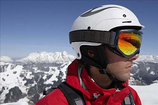 奥地利,男性,滑雪者,戴着,头盔,护目镜,特写