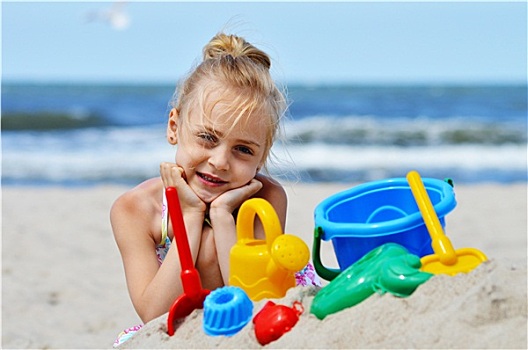 小女孩,玩,沙滩
