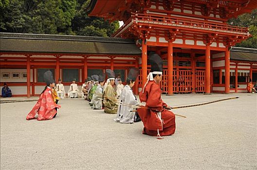 弓箭手,射箭,仪式,跪着,位置,京都,日本,亚洲