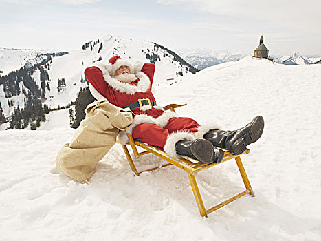 高地,圣诞老人,折叠躺椅,放松,袋,礼物,圣诞节,男人,复原,休息,压力,轻松,享受,概念,惊讶,传统,度假