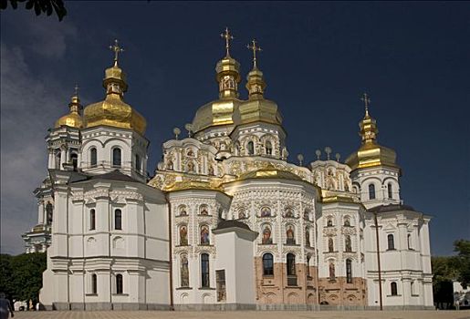 乌克兰,基辅,寺院,洞穴,风景,大教堂,金色,圆顶,蓝天,2004年