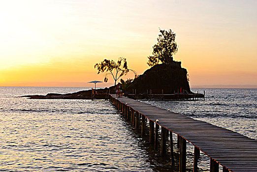 码头,小,岩石,岛屿,太阳椅,日落,玛丽亚,马达加斯加,非洲