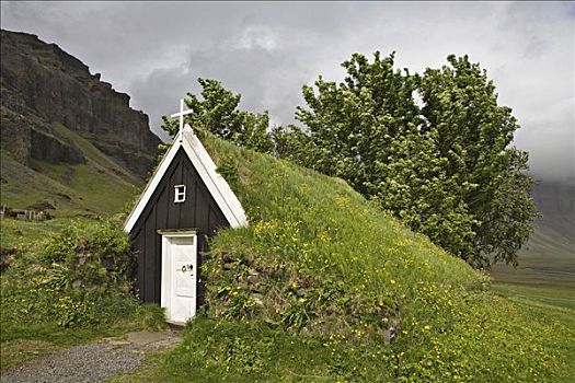 草皮,教堂,冰岛,农场,南方,海岸,大西洋