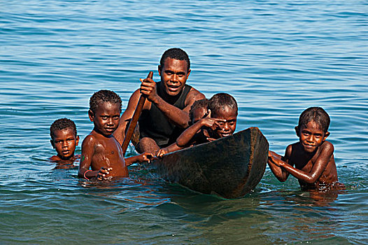 高兴,孩子,玩,水,独木舟,岛屿,所罗门群岛,太平洋