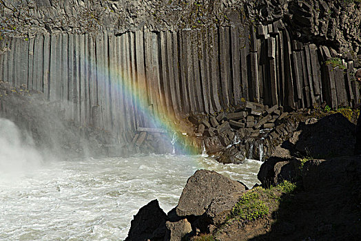 冰岛,高地,野外,河,彩虹,正面,玄武岩,柱子