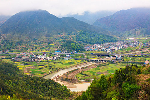 高山,俯瞰,乡村,树林