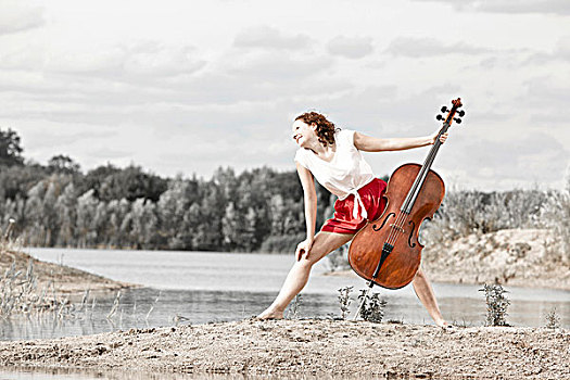 年轻,女人,大提琴,海滩