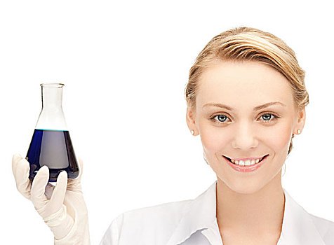 女性,化学家,拿着,化学品