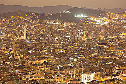 俯拍,城市,夜拍,巴塞罗那,加泰罗尼亚,西班牙
